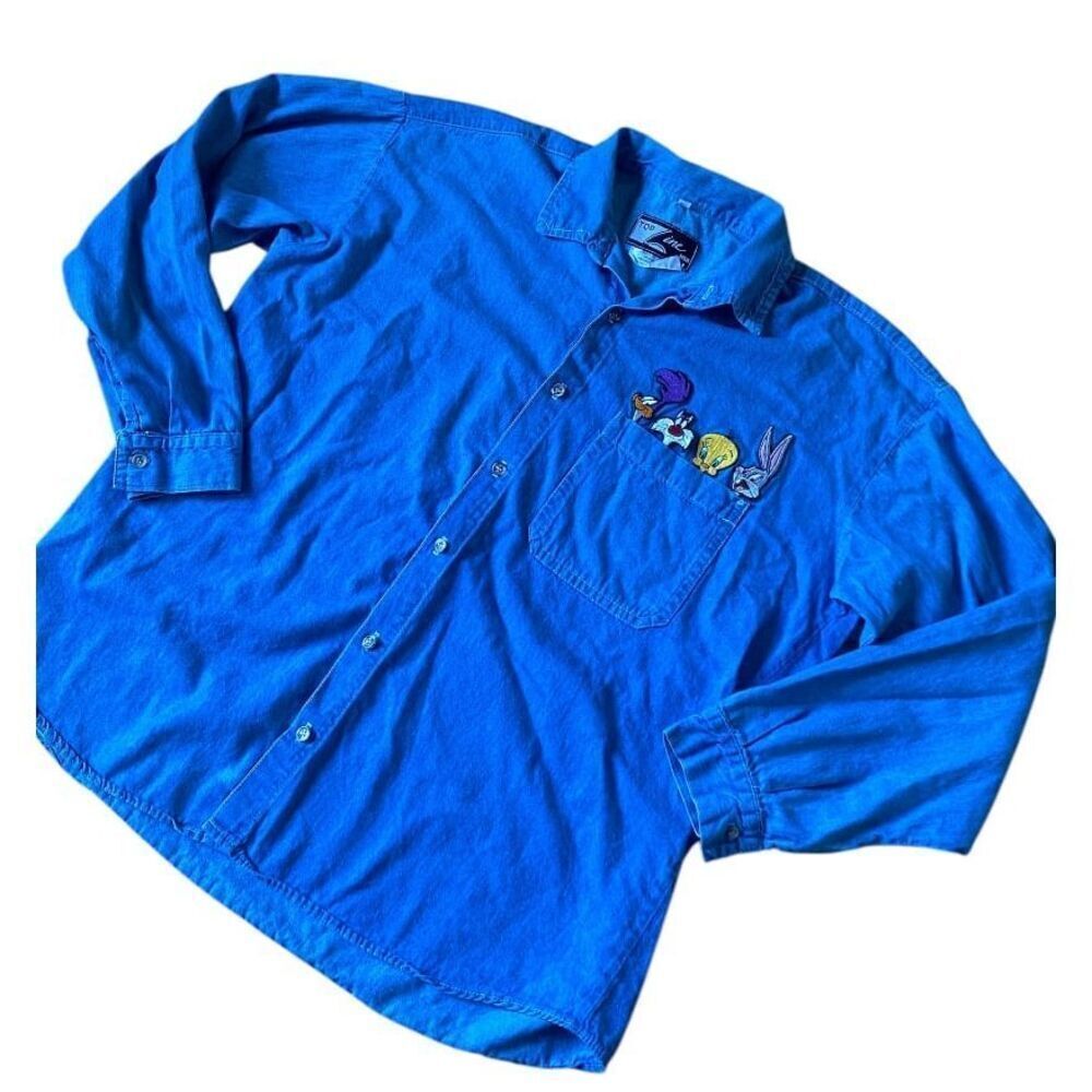 Vintage 1992 Looney Tunes Top Line USA Large Light Denim Button Up Shirt Y2K 90s